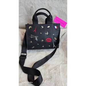 Betsey Johnson Paris Charms‎ Black Faux Leather Crossbody Satchel Bag Purse NWT